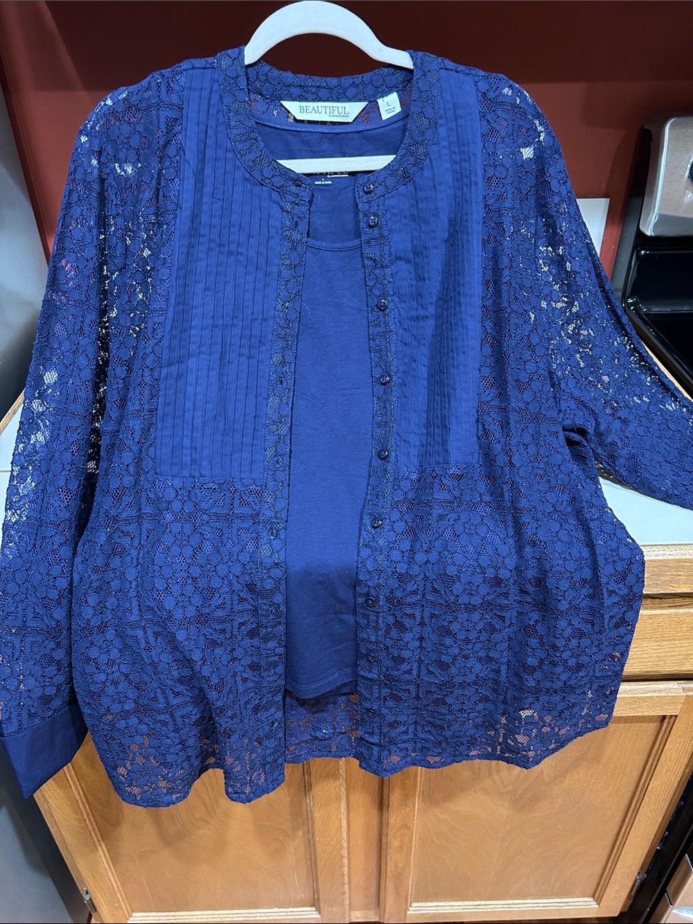 Beautiful Navy Lace Button-Front Blouse with Inner Shell